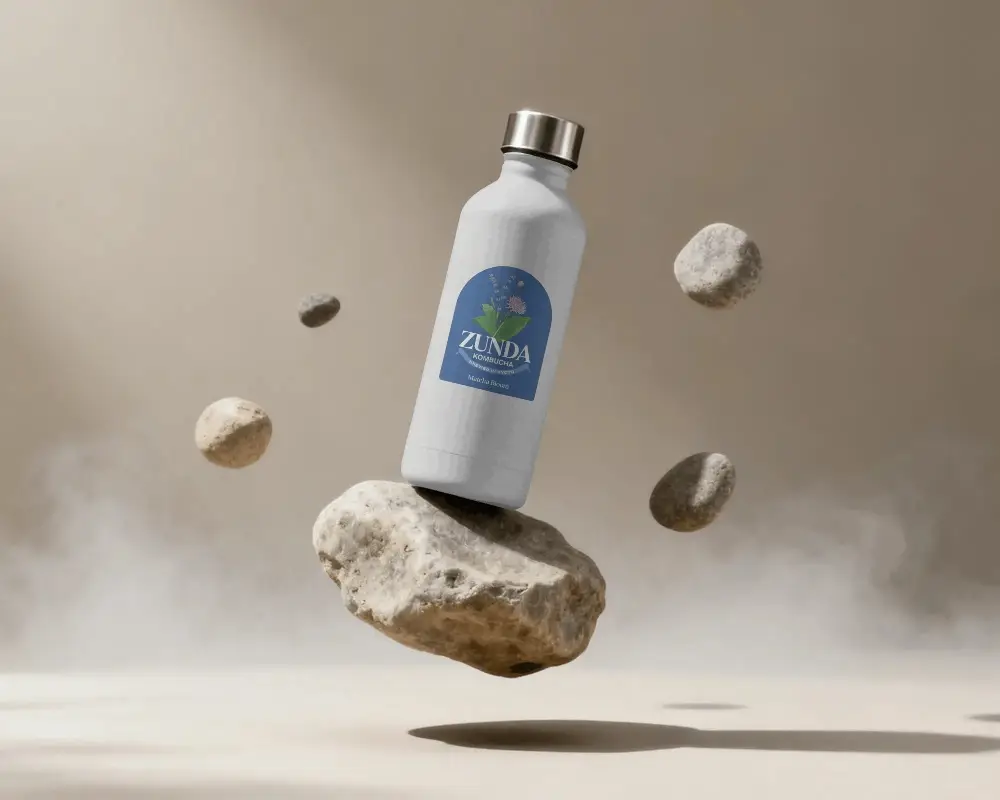 Durable Insulated Water Bottle Mockup Floating Above Natural Rocks With Suspension Effect