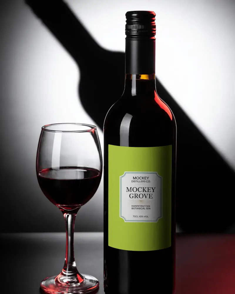 Elegant Wine Bottle Mockup With Glass And Shadow For Branding And Label Design Presentation