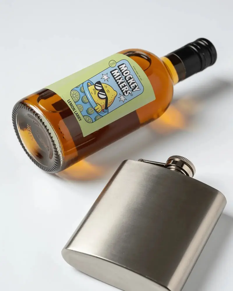 Realistic Glass Bottle Mockup With Blank Label And Metallic Hip Flask For Branding