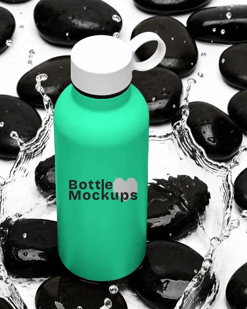 Premium Water Bottle Mockup With Splashing Water And Smooth Stones Perfect For Brand Presentation