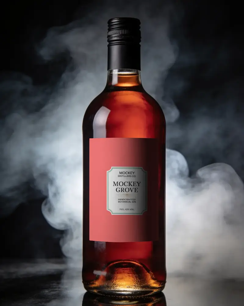 Realistic Bottle Mockup With Smooth Label Surface And Smoke Background For Design