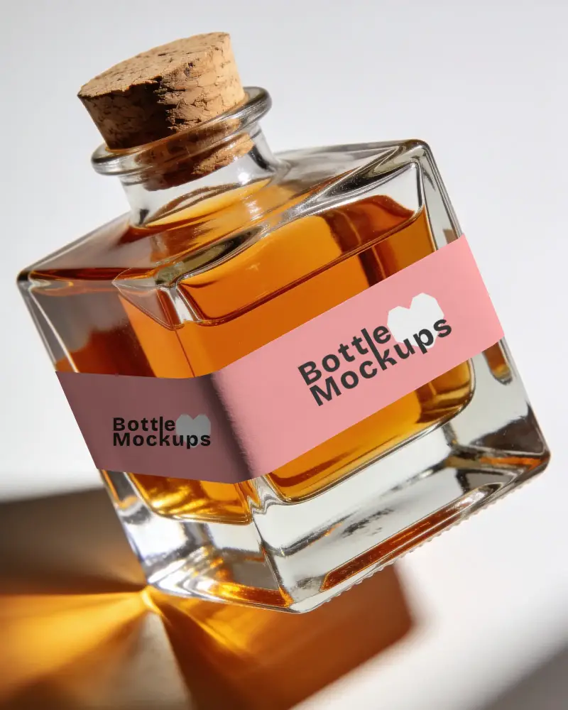 Square Glass Bottle Mockup Cork Cap And Dual Labels For Liquor Or Essential Oil Packaging
