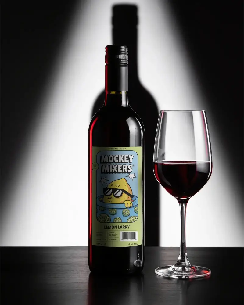 Realistic Wine Bottle Mockup With Half Full Wine Glass On Minimalist Dark Surface