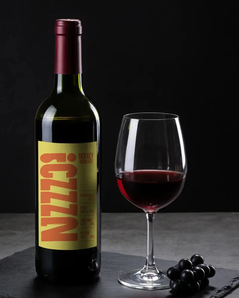 Elegant Wine Bottle Mockup With Glass And Grape Ideal For Wine Label Design Presentation