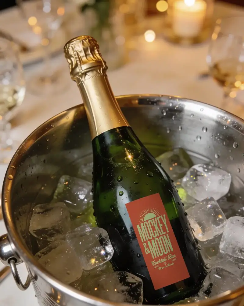 Champagne Bottle Mockup On Ice In Metal Bucket For Luxury Beverage Promotion