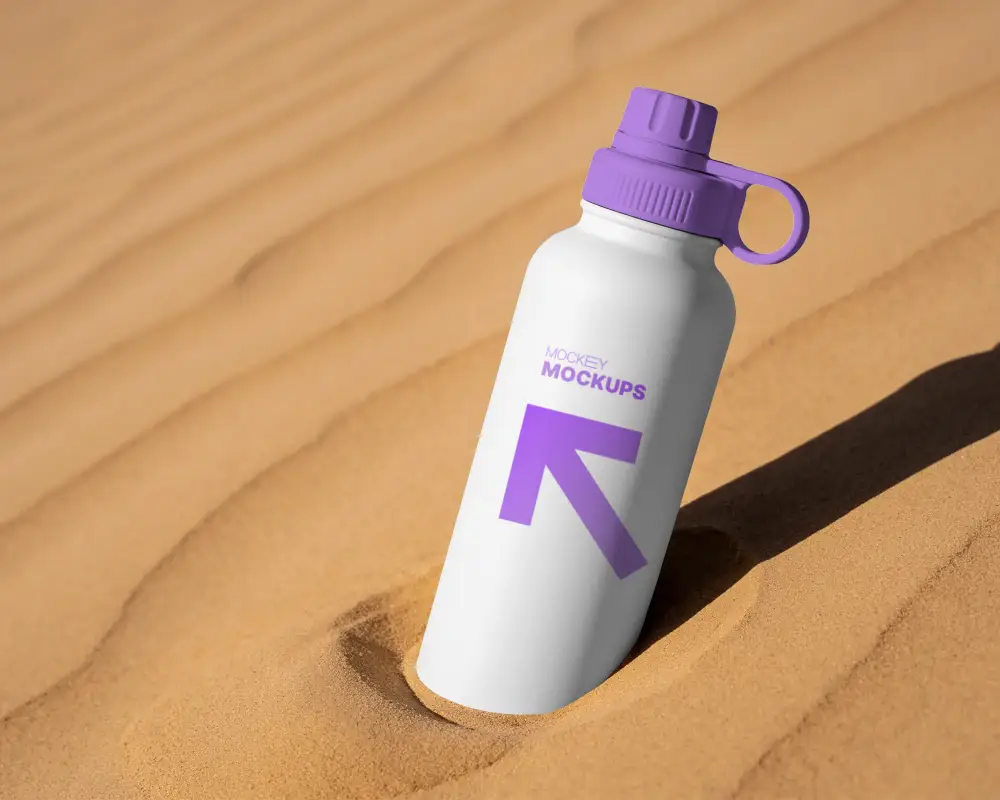 Reusable Water Bottle Mockup In Sandy Desert Environment For Product Design Presentation