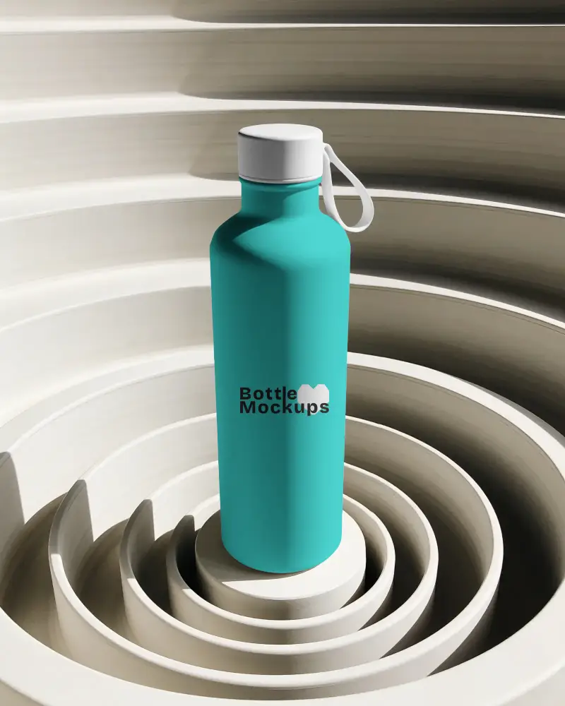 Portable Water Bottle Mockup In Modern Spiral Background Perfect For Brand Showcase