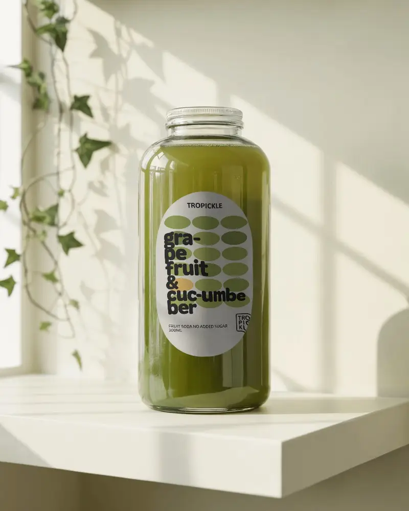 Glass Juice Bottle Mockup With Transparent Liquid And Customizable Label Design For Branding 0177