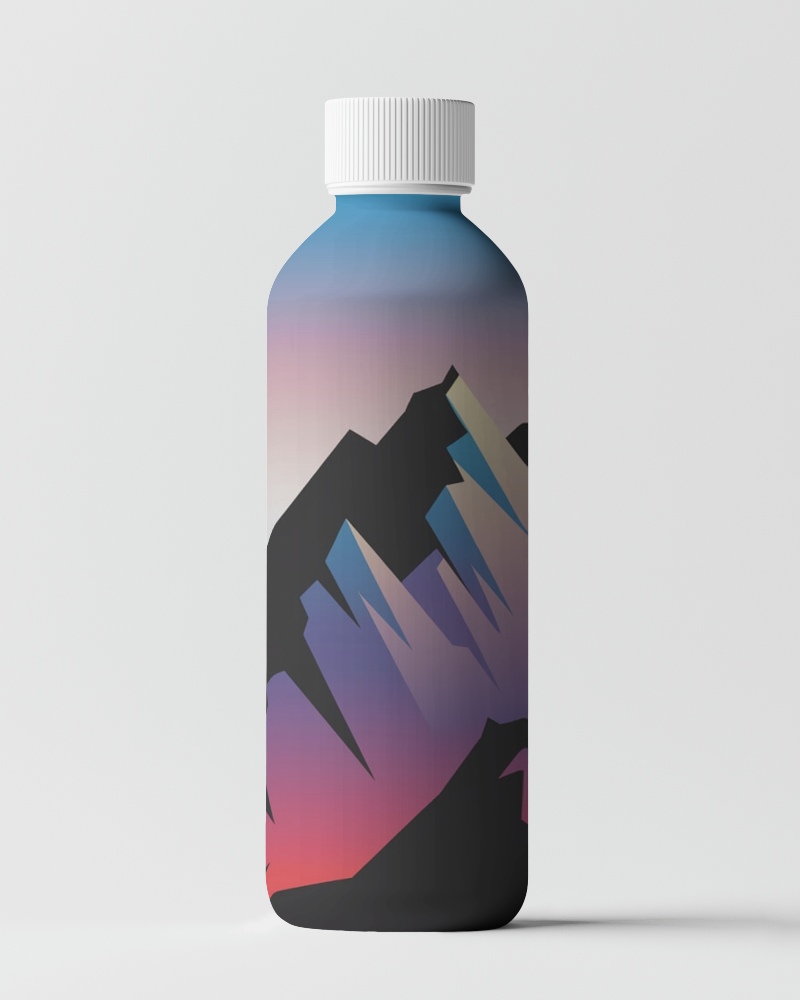 High Quality Bottle Mockup With Mountainous Terrain Illustration And Modern Color Blend For Trendy Outdoor Branding