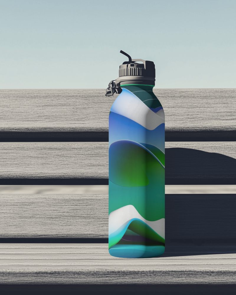 Modern Sports Water Bottle Mockup With Minimalist Wave Design And Outdoor Adventure Vibe