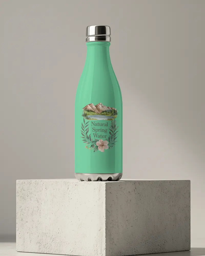 High Quality Metallic Cap Water Bottle Mockup With Artistic Sunset Mountain Print And Sleek Finish