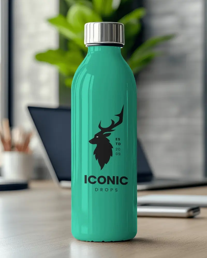 Sleek Metal Cap Plastic Water Bottle Mockup On Workdesk Filled With Water Reflective Surface Modern Office Scene