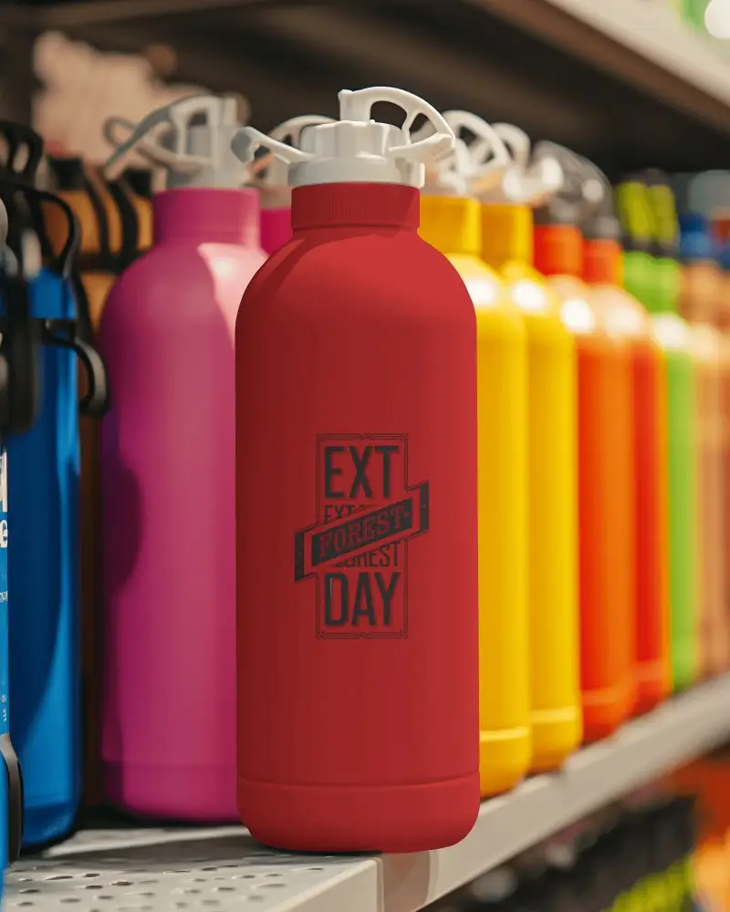 Plastic Water Bottle Mockup On Store Shelf Front Facing Colorful Background High Contrast Vibrant Display