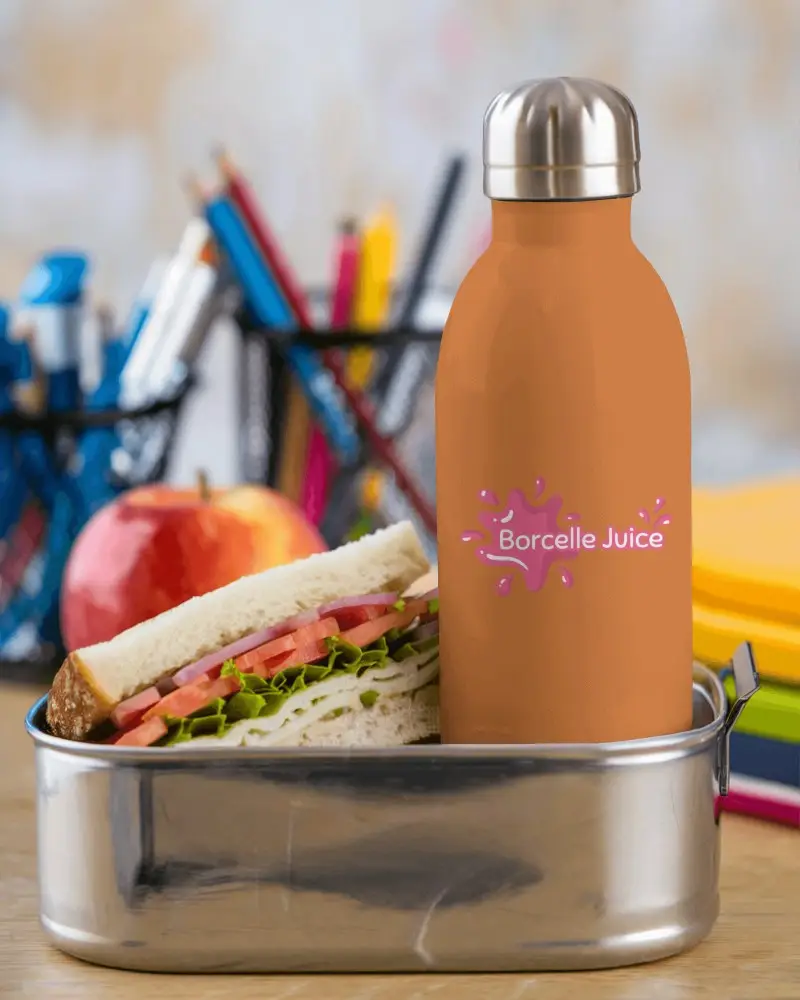 Juice Bottle Mockup Lunchbox Insulated Drink Container With Branded Logo Placed Next To Sandwich And Fruit In Metal Lunch Box Nutritious And Vibrant Aesthetic