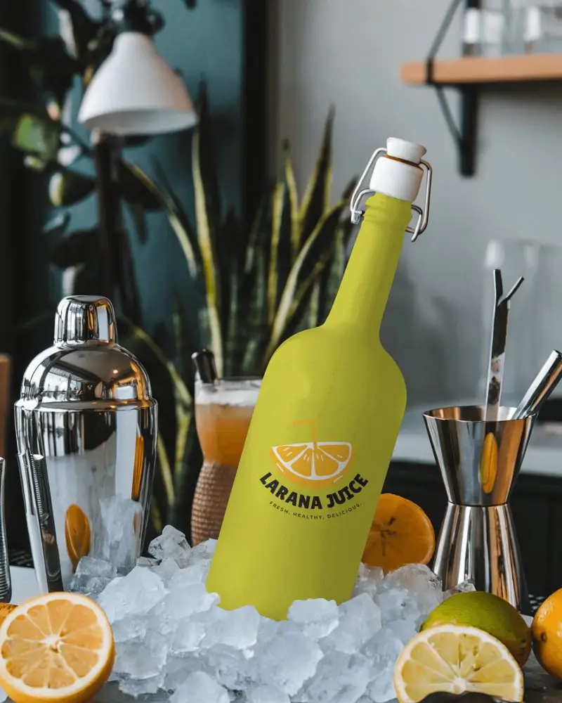 Plastic Juice Bottle Mockup Swing Cap Placed On Ice Bar Scene With Citrus And Metal Accessories Fresh Ambience