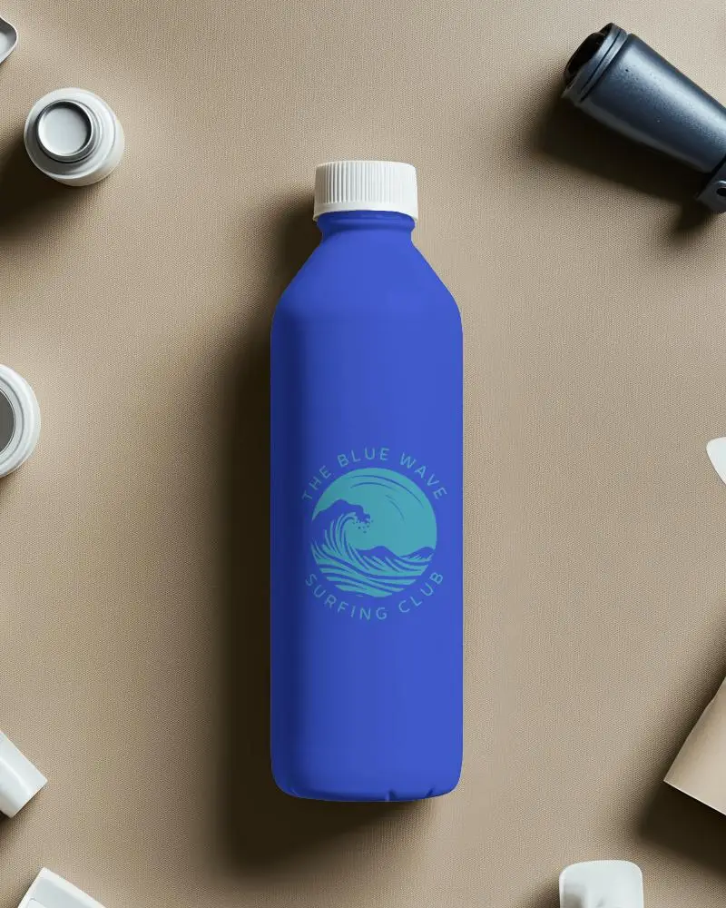 Flatlay Plastic Bottle Mockup On Beige Textured Surface With Random Caps Functional And Simple Style
