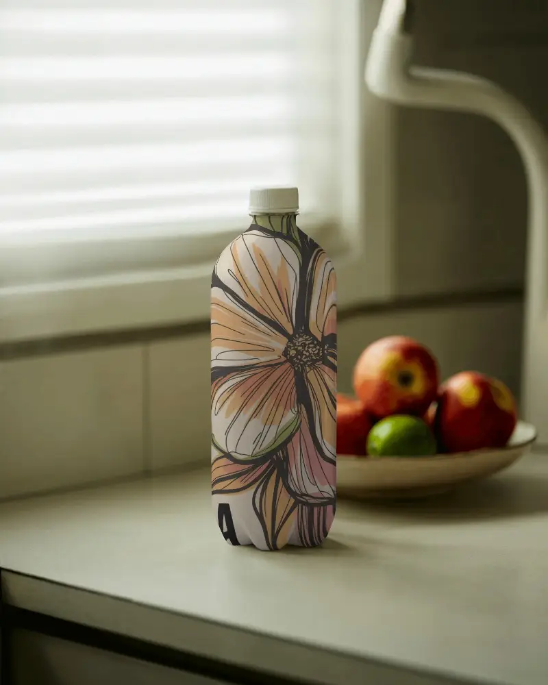Kitchen Counter Water Bottle Mockup For Beverage Packaging And Branding Presentations