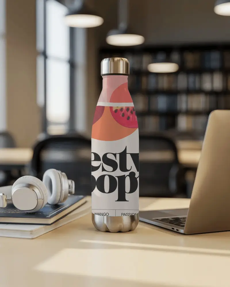 Realistic Insulated Bottle Mockup Showcasing Modern Office Desk Setup And Workspace Style