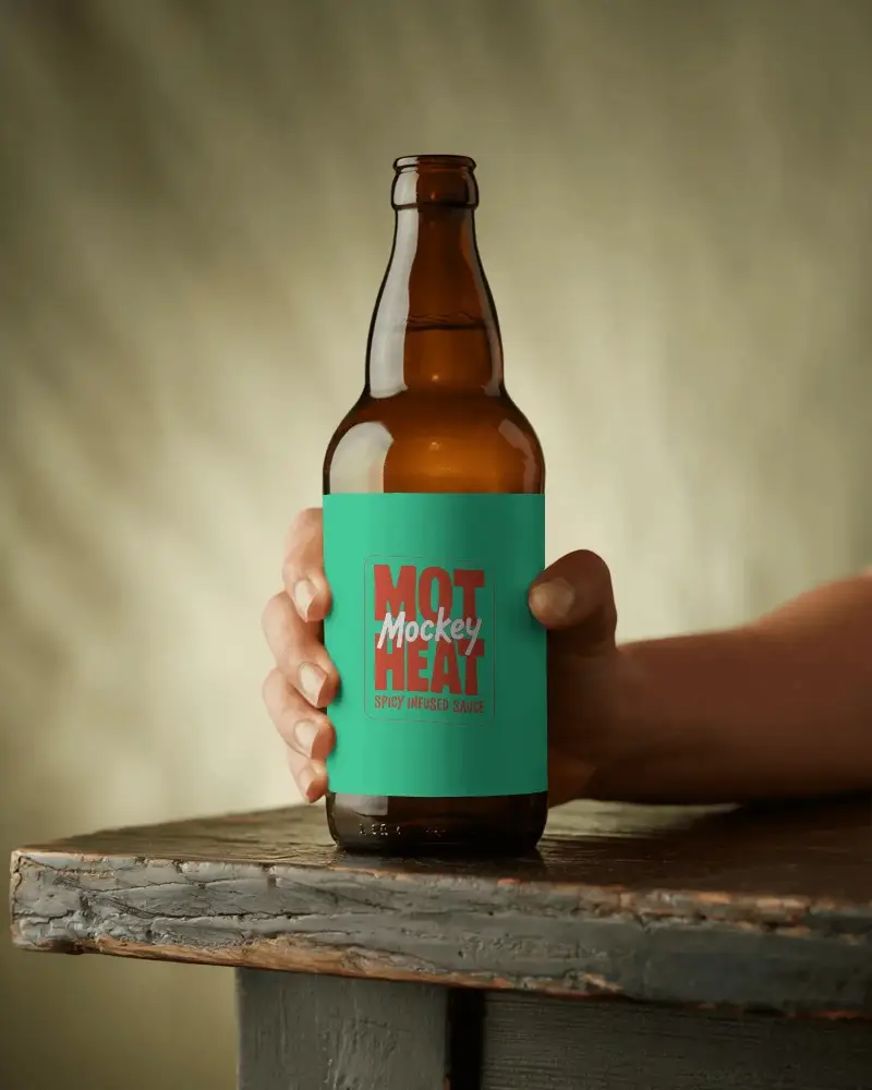 Realistic Glass Beer Bottle Mockup In Hand Showcasing Customizable Label Design