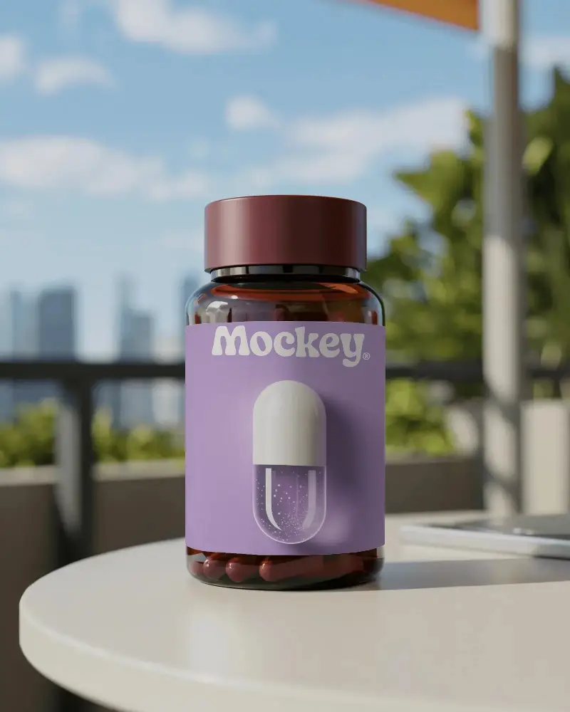Amber Pill Bottle With Childproof Cap Health Supplement Packaging Mockup Outdoor
