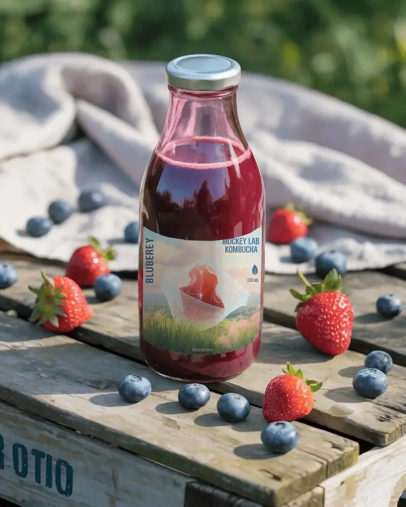 Refreshing Fruit Drink Bottle Mockup On Wooden Table With Strawberries And Blueberries