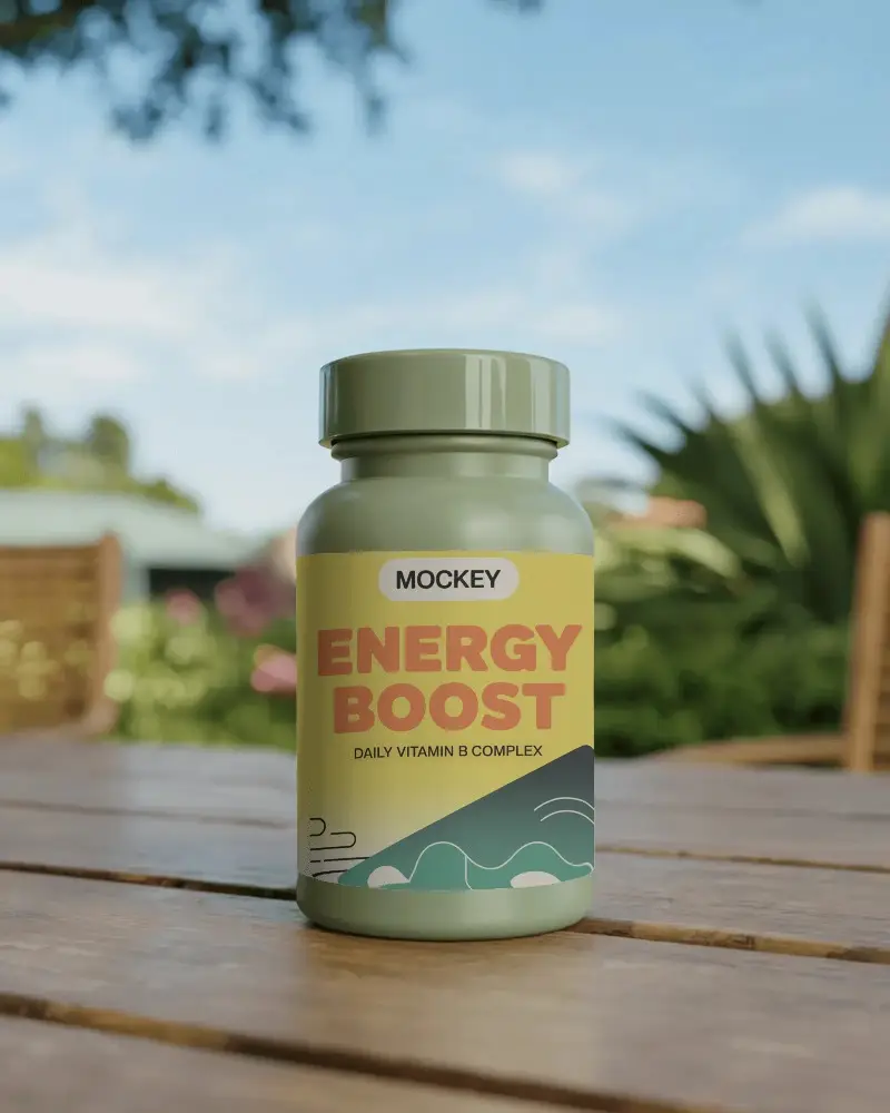 Natural Fitness Vitamin Bottle With Clean Label Place For Branding Mockup Outdoor