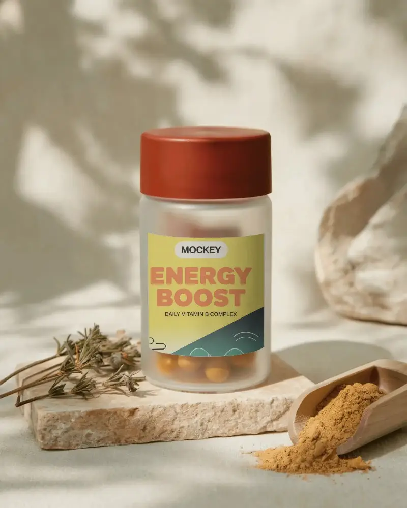 Frosted Glass Bottle Mockup For Organic Supplements With Natural Background Setting