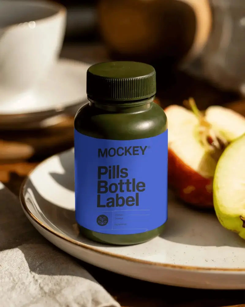 Natural Supplement Bottle Mockup With Clean Label Design And Healthy Fruit Background