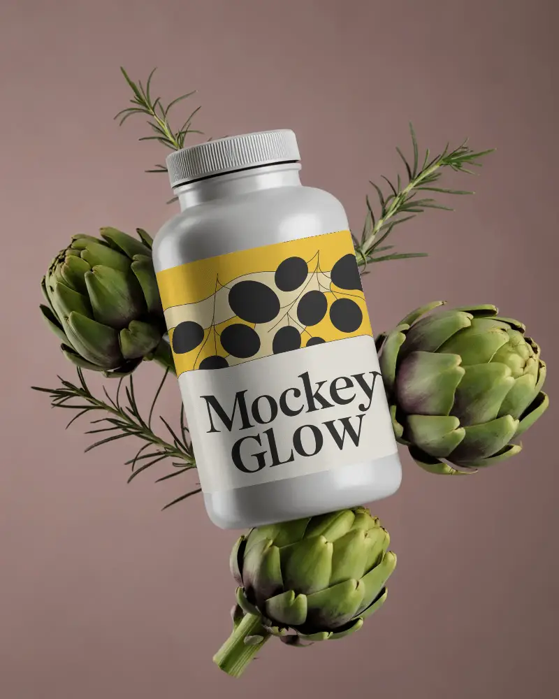 Organic Supplement Bottle Mockup With Natural Herbs And Artichoke Extract Design