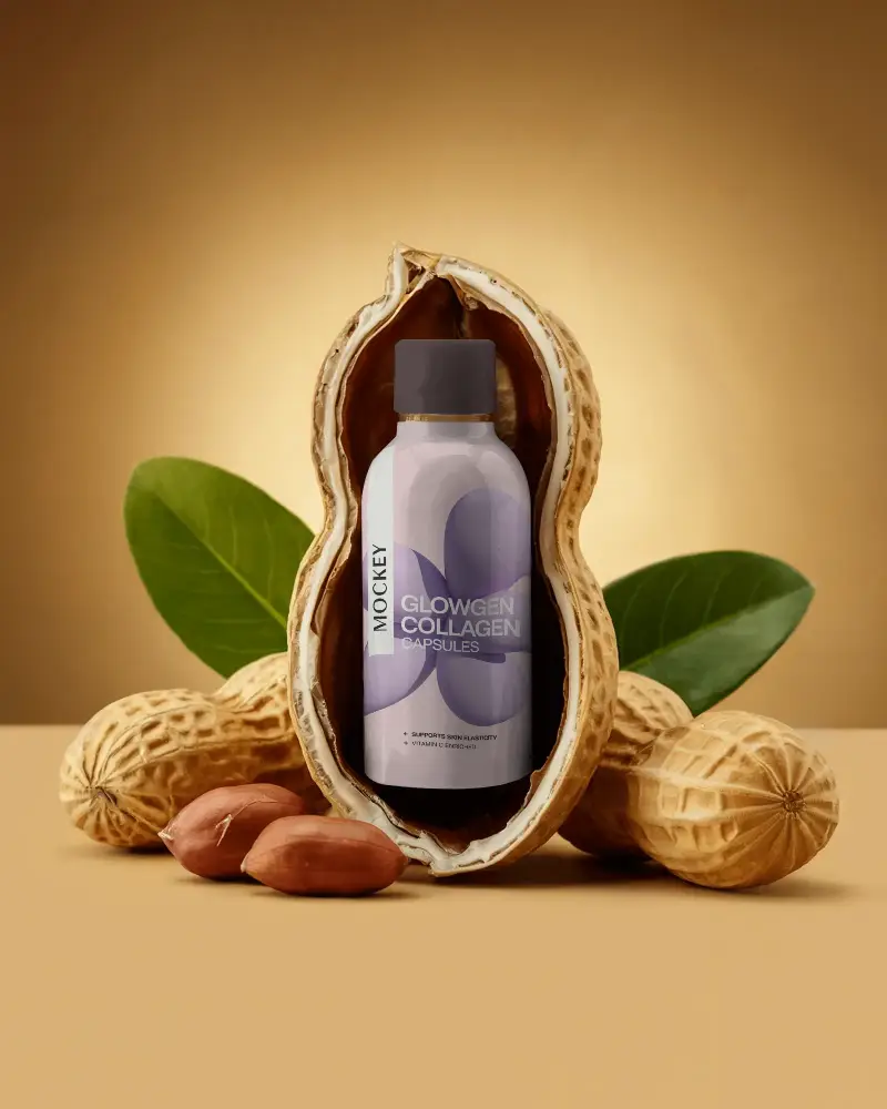 Natural Peanut Oil Bottle Mockup With Leaves And Shell For Organic Product Promotion