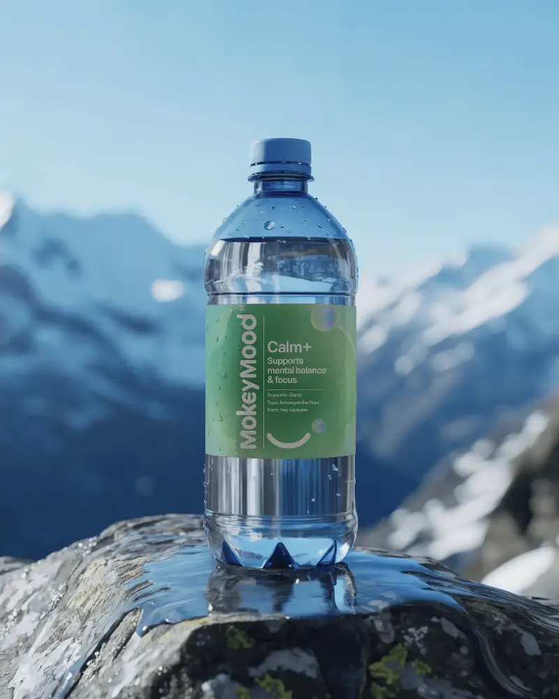 Realistic Plastic Bottle Mockup Droplets Natural Scenery Pure Drinking Water Brand Presentation