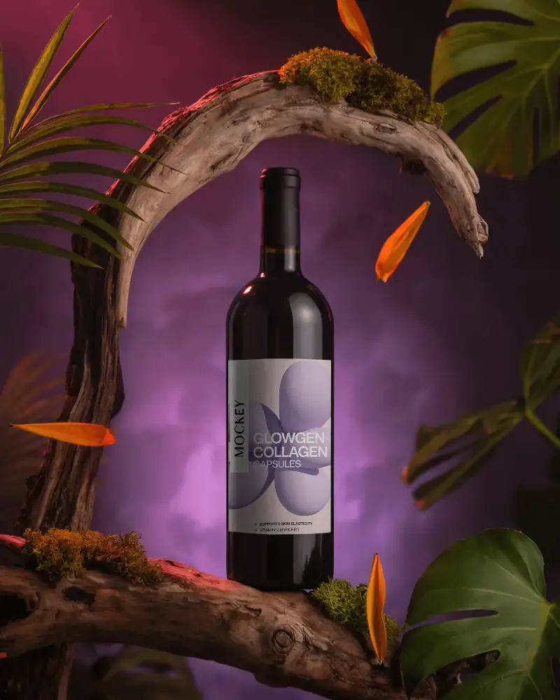 Elegant Wine Bottle Mockup Floating Naturally Among Wooden Branches With Tropical Leaves