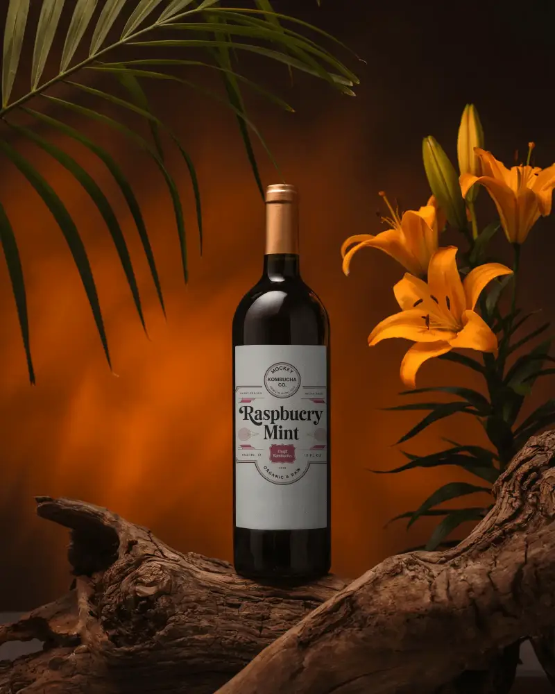 Elegant Wine Bottle Mockup With Natural Wood Floral Elements For Luxury Branding