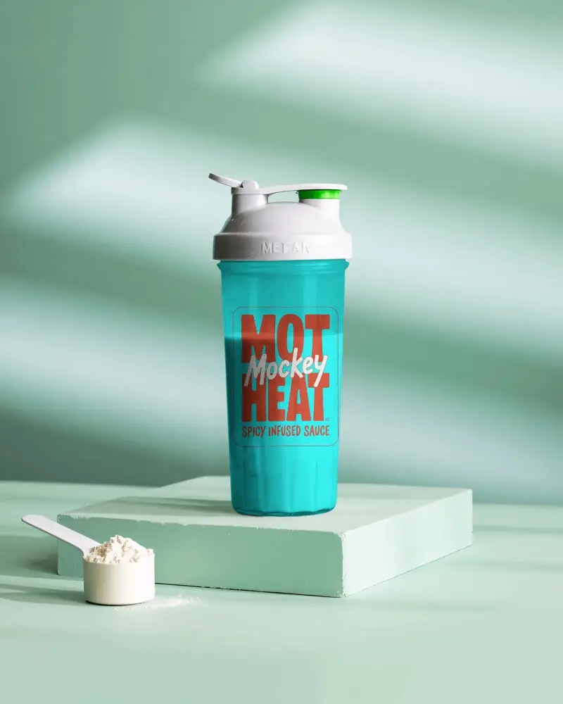 Fitness Protein Mixer Shaker Bottel Mockup Cap And Scoop Powder On Minimalist Studio