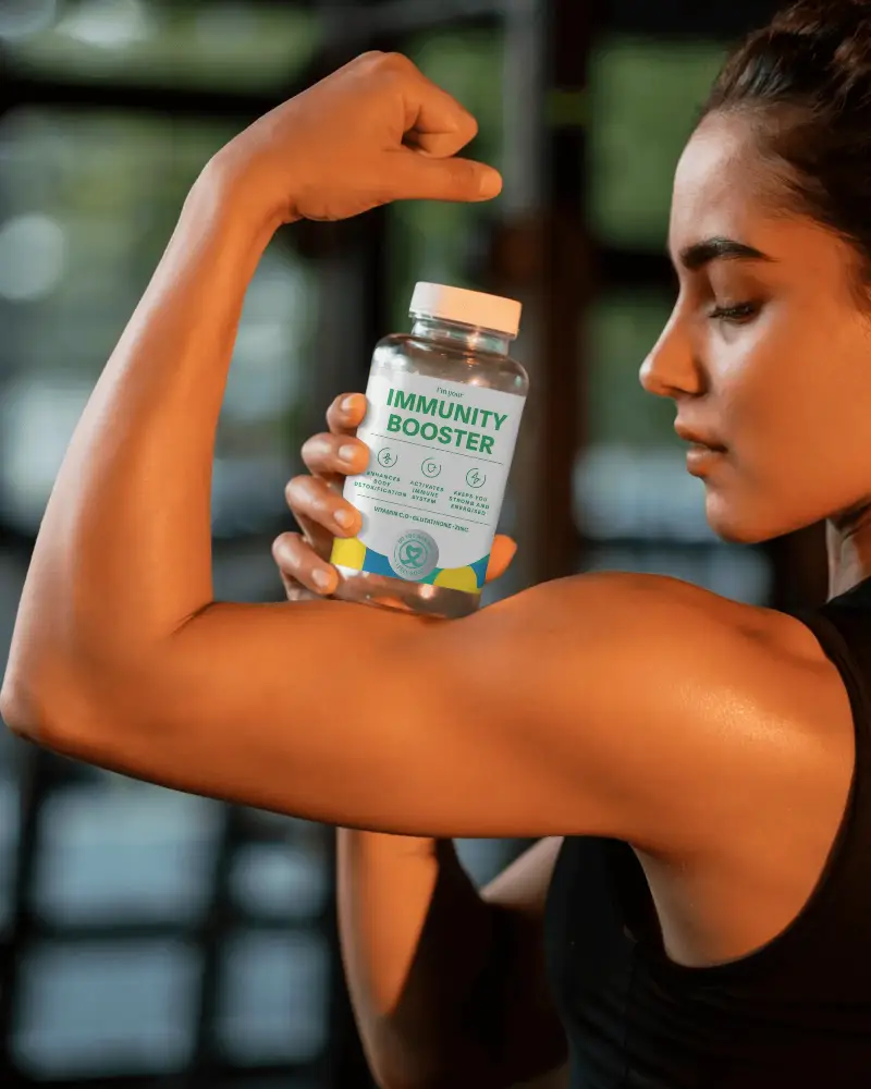 Fitness Supplement Bottle Mockup Held By Athletic Woman Showing Muscle Strength