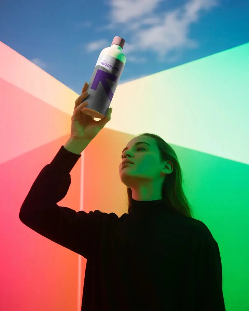 Woman Holding Sleek Bottle Mockup Against Multicolor Gradient Background For Product