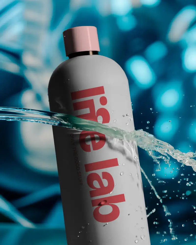 Sleek Water Resistant Cosmetic Bottle Mockup With Realistic Water Splash Effect