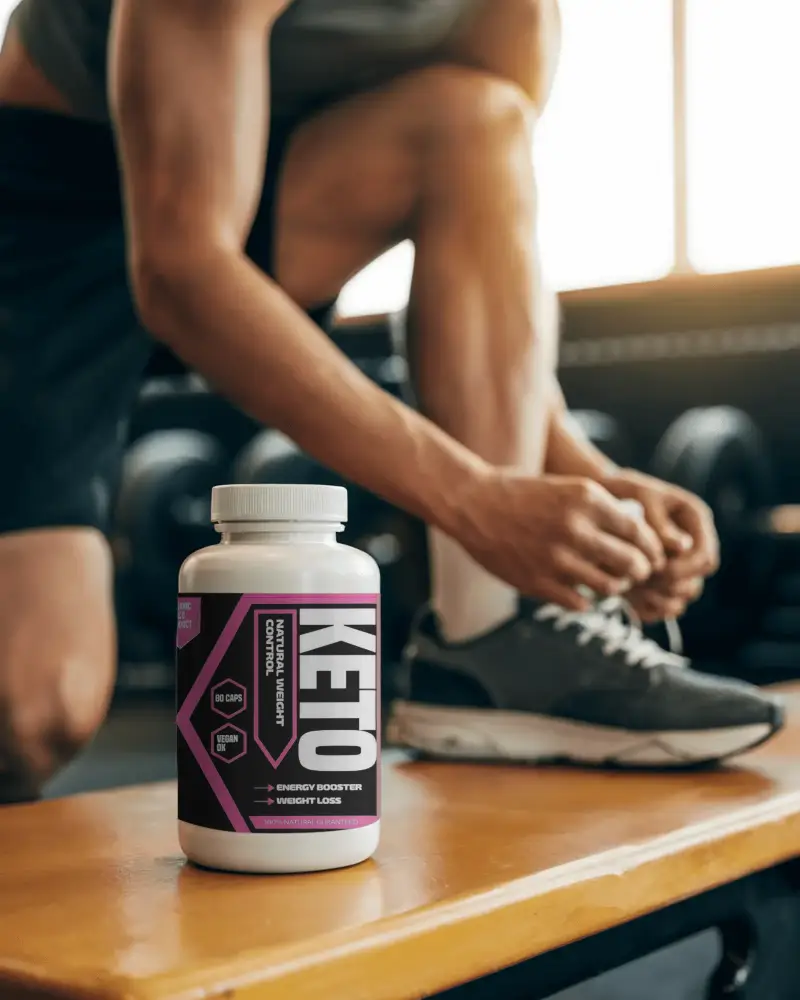 Fitness Supplement Bottle Mockup On Wooden Bench In Gym Setting