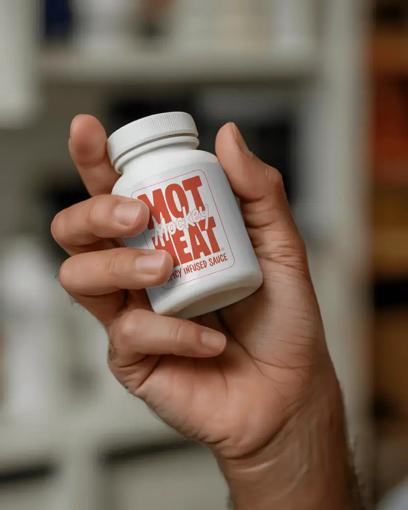 Hand Holding Small Plastic Pill Bottle Mockup Smooth Label Mockup For Healthcare Products