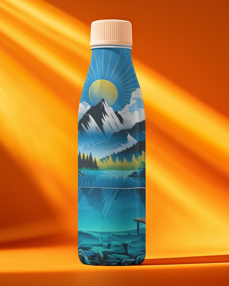 Premium Plastic Bottle Mockup Refreshing Beverage Packaging With Vivid Landscape
