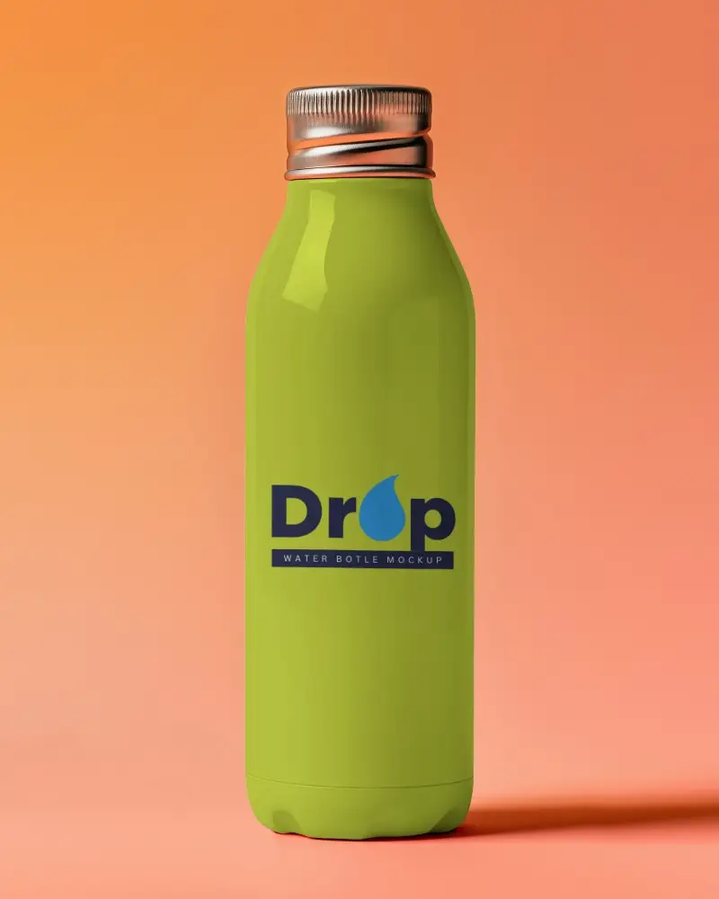 Plastic Bottle Mockup With Metal Cap Mountain Spring Water Design On Peach Background