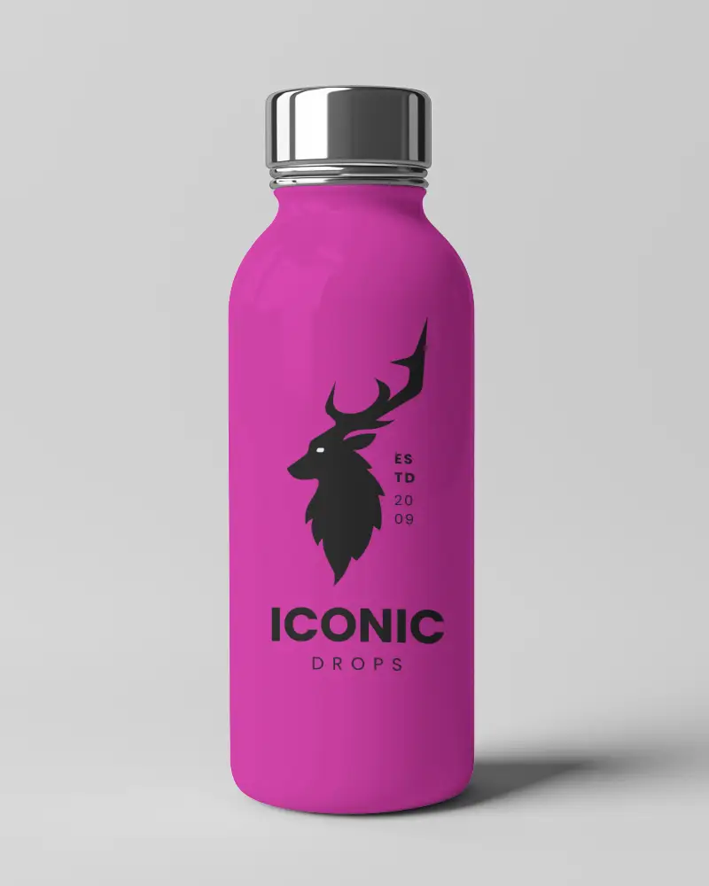 Modern White Glossy Bottle Mockup With Silver Metallic Lid And Gradient Wave Graphic