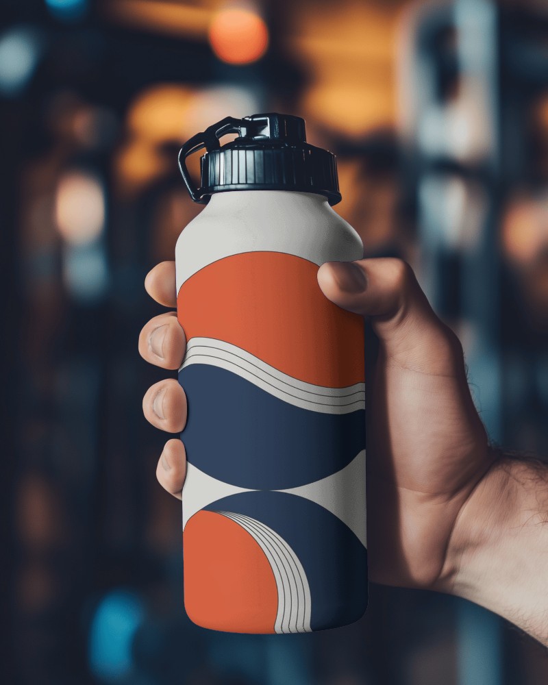 Realistic Hand Holding Bottle Mockup With Vibrant Minimalist Artistic Design And Black Sporty Lid In Gym Ambience