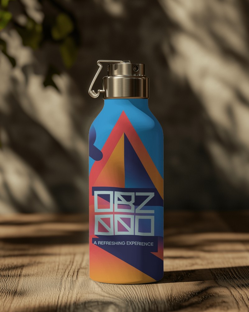 Stylish Outdoor Bottle Mockup With Unique Graphic Design And Sleek Metallic Top In Sunlit Ambience