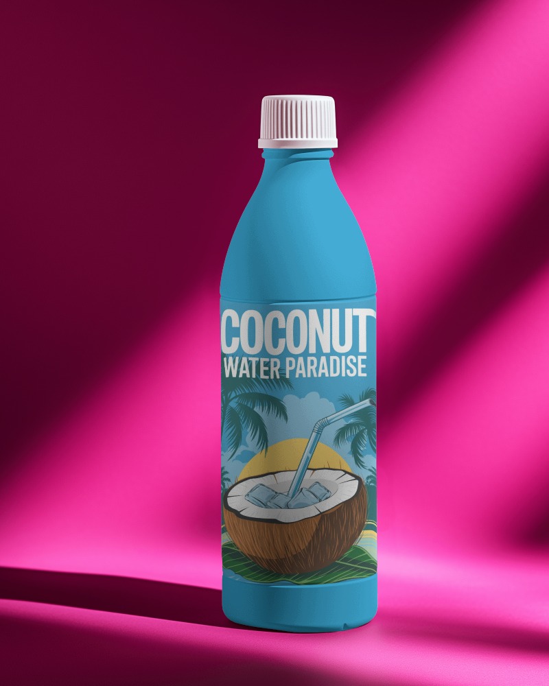 High Quality Tropical Themed Bottle Mockup With Coconut And Palm Graphics In Dynamic Studio Lighting