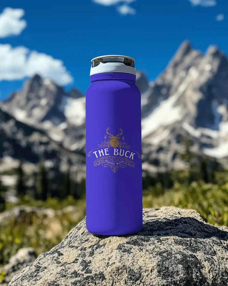 Outdoor Travel Bottle Mockup With Retro Beach Theme And Stunning High Altitude Landscape