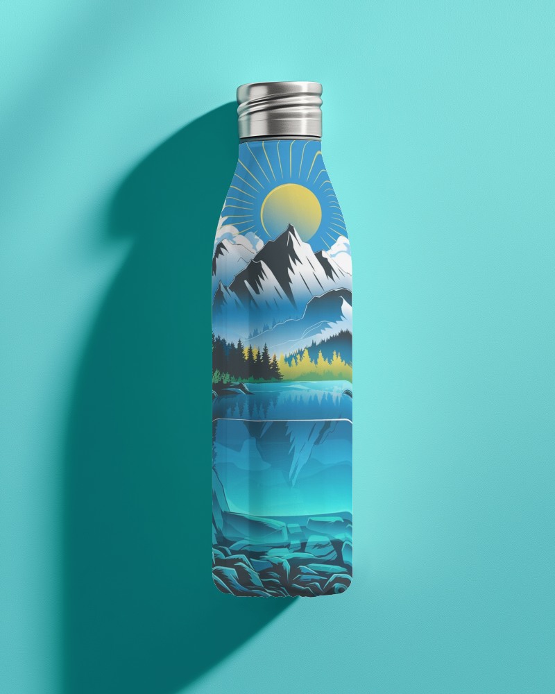 Modern Stainless Steel Bottle Mockup With Bold Nature Illustration On Clean Colorful Background
