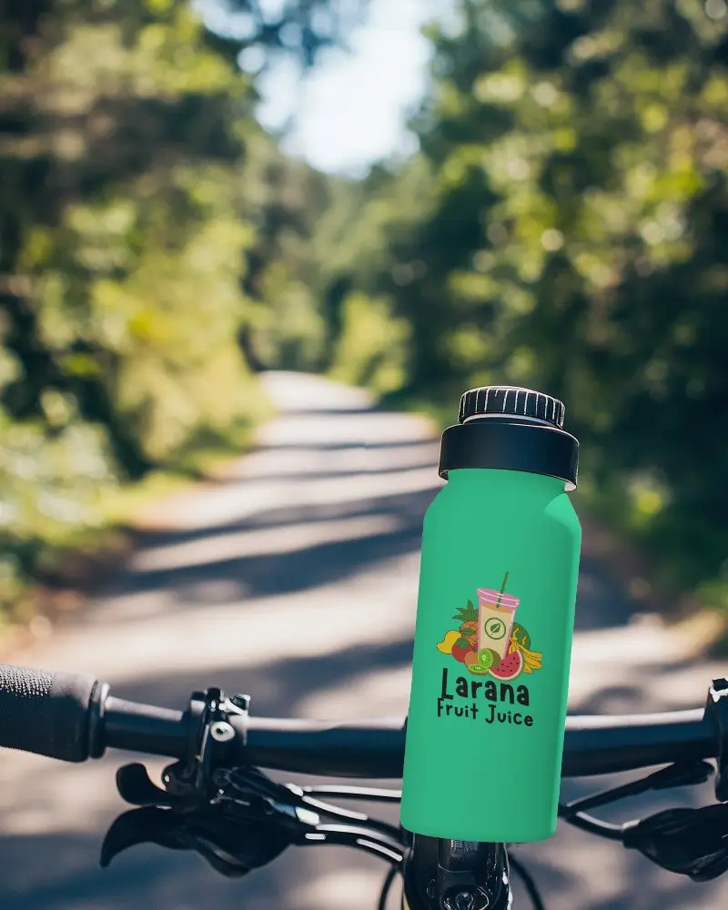 Tropical Adventure Themed Bottle Mockup With Pineapple And Coconut Design On Bicycle Handlebars In Sunny Nature Trail
