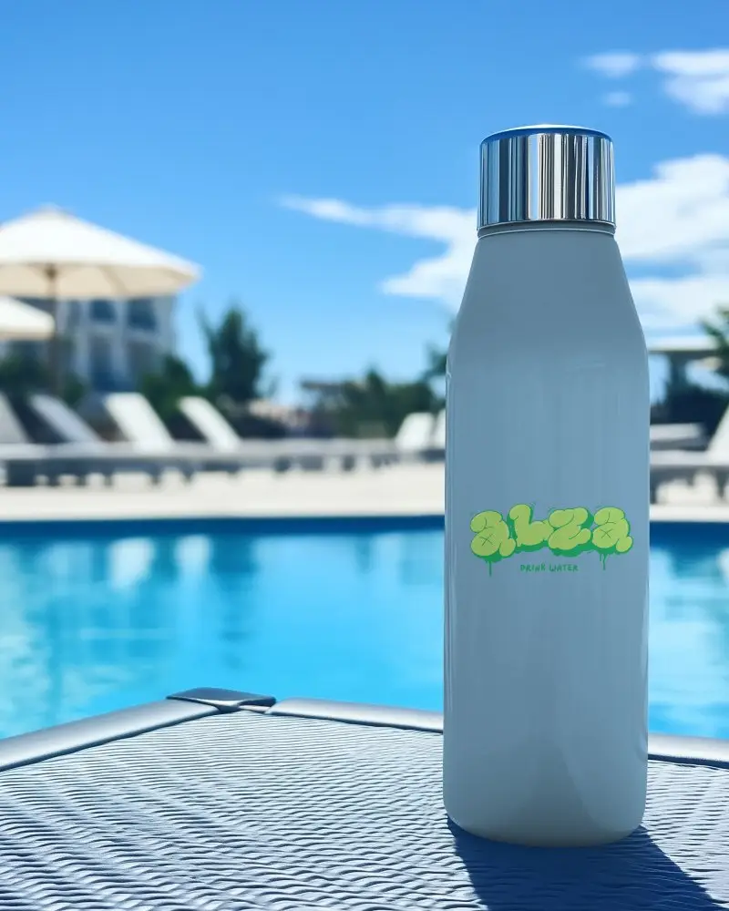 Rendy Stainless Steel Bottle Mockup With Bold Smiley Graphic On Resort Poolside Setting And Luxury Vacation Mood