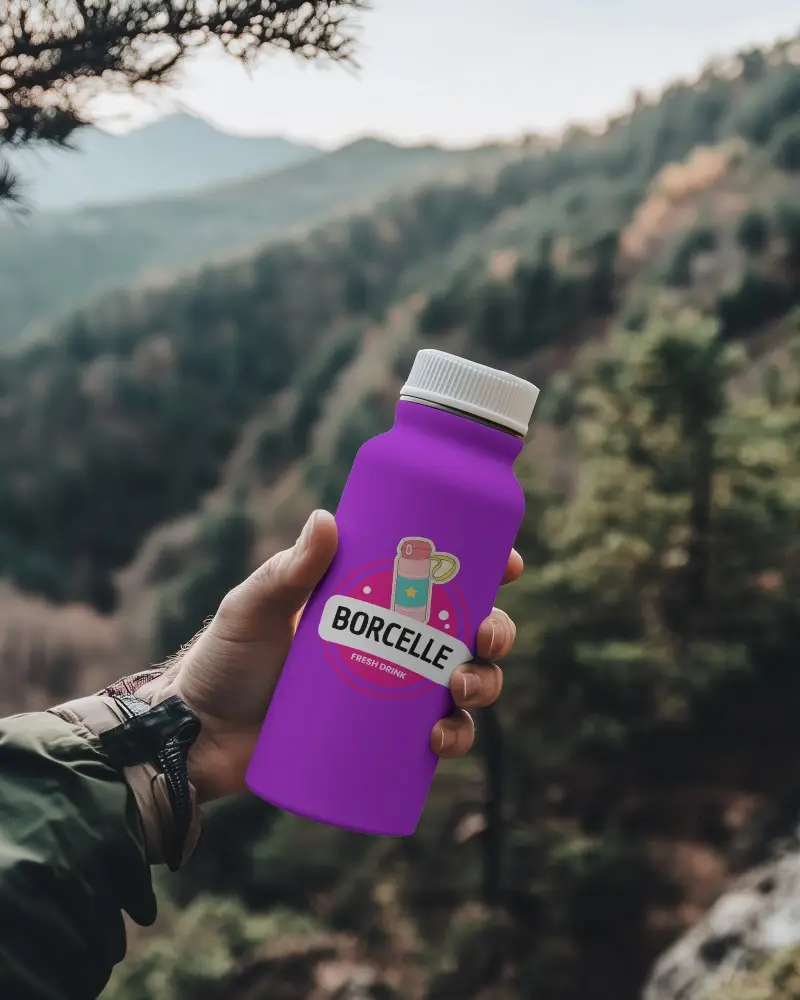 Handheld Bottle Mockup With Stylish Gradient Design In Scenic Nature Setting Perfect For Hiking Brands